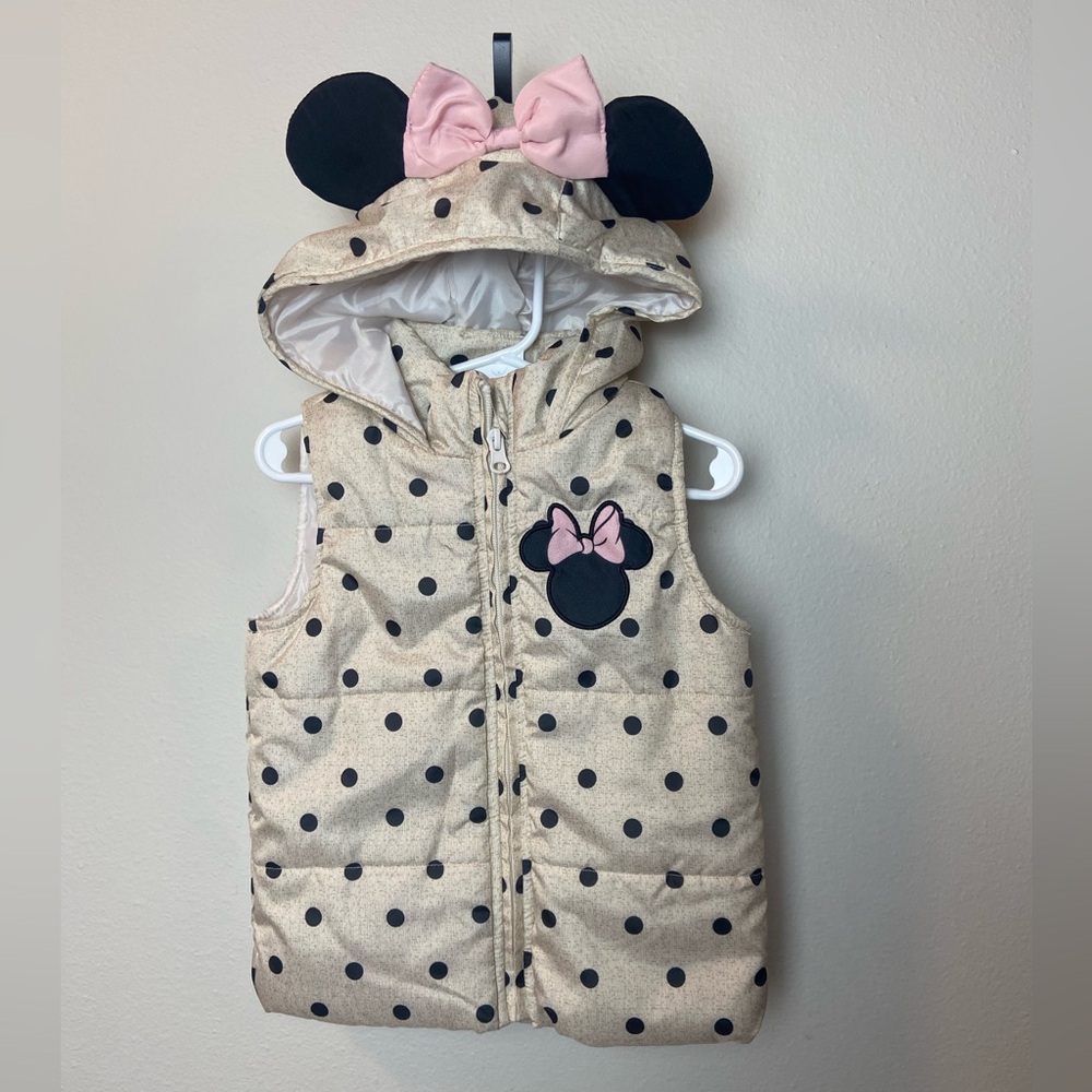 Disney Girls' Cream Polka Dot Hooded Vest with Pink Bow Accent